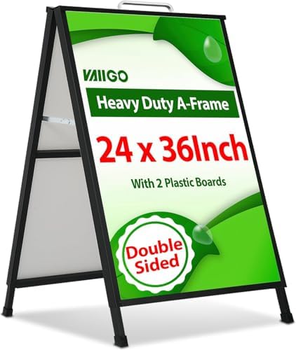 A Frame Sidewalk Sign 24 x 36 Inch Outdoor, Double-Sided Folding Sandwich Board with Handle, Heavy Duty Metal Slide-in A-Frame for Business, Advertising, Party, with 2 Plastic Boards