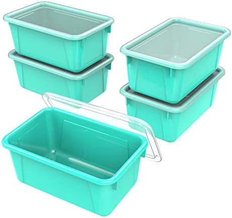 Storex Small Cubby Bins – Plastic Storage Containers for Classroom with Non-Snap Lid, 12.2 x 7.8 x 5.1 inches, Teal, 5-Pack (62412A05C)