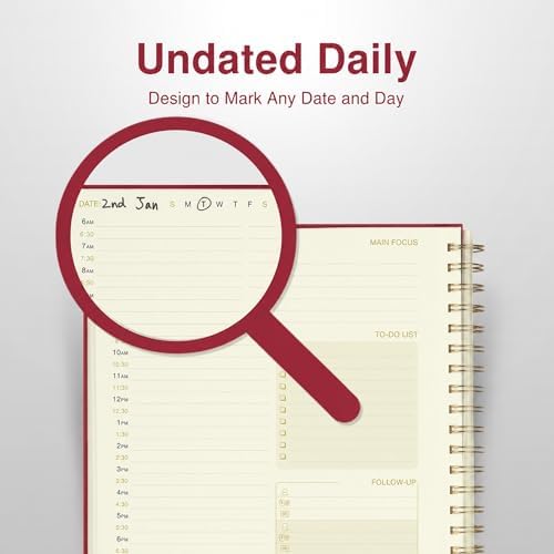 AuroPlanner Undated Daily Planner Notebook 8.5x11 Hourly Schedule Red