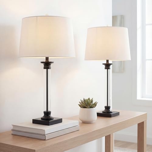 JONATHAN Y Mason 30" Glass and Metal Table Lamp, Black/Clear, Set of 2