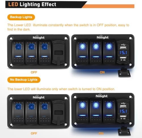 Nilight 3 Gang Rocker Switch Panel with 4.8 Amp Dual USB Charger Voltmeter Night Glow Stickers Waterproof 12V 24V DC Switches for Cars Trucks Boats RVs, 2 Years Warranty,Blue