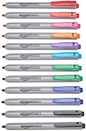 Amazon Basics Retractable Permanent Markers, Quick Drying Fade Resistant Ink, Versatile Art Supplies for Drawing, for Home, School, and Office Use, Assorted Colors, 12 Count