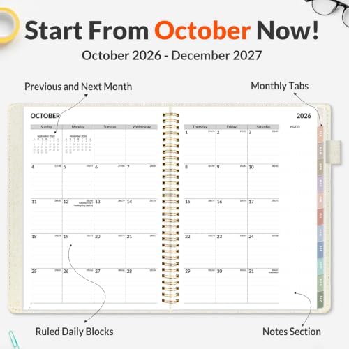 SUNEE 2027 Weekly & Monthly Planner 9"x11.2"- 12 Month (January 2027 - December 2027), Vegan Leather Cover, Pocket, Bookmark, Notes, Monthly Tab, Beige