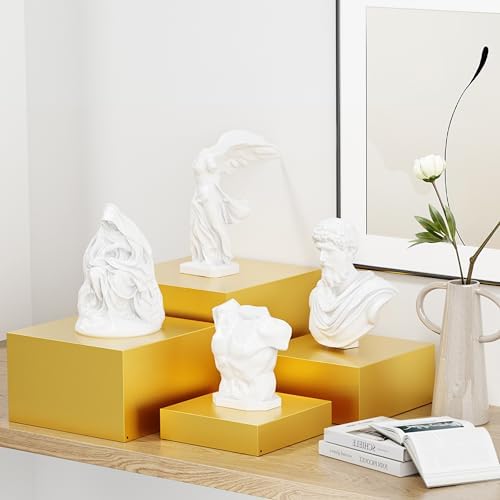 Metal Buffet Risers,4PCS OVERSIZED Food Risers for Buffet Table 8''X9''10''X11'' Display Stand with Mini Acrylic Signs for Catering Dessert Collectibles Jewelry Figures Show Gold Cube Boxes Nesting Risers with Hollow Bottoms