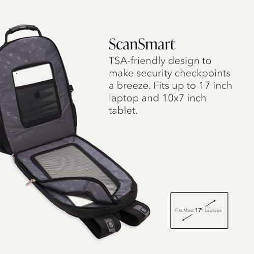 SwissGear 1900 ScanSmart Laptop Backpack, Fits Most 17-Inch Laptops, TSA-Friendly Lay-Flat Design, RFID Protection, and Tablet Pocket, Black, 31L, 18.5-Inch