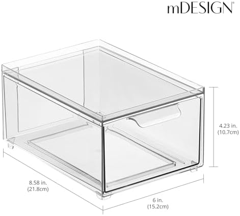 mDesign Stackable Storage Containers Box with Pull-Out Drawer - Stacking Plastic Drawers Bins for Kitchen Pantry and Cupboard, Cabinet, Counter, Island and Tables - Lumiere Collection - 4 Pack - Clear