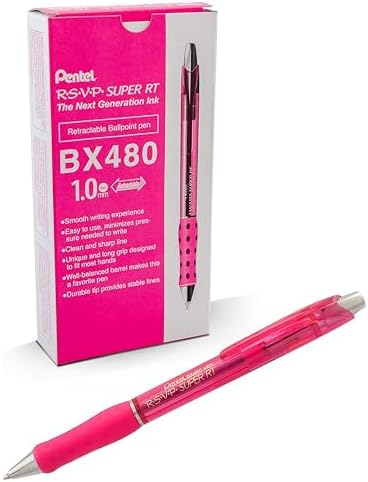 Pentel RSVP Super RT Ballpoint Pen, (1.0mm) Medium Line, Pink Ink, Box of 12 Pens (BX480-P)