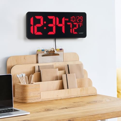 La Crosse Technology 513-1411R Red Digital LED Wall Clock with Indoor Temperature