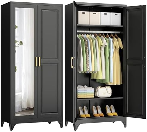 Polup Metal Armoire Wardrobe Closet with Mirror, 71" Tall Black Cabinet