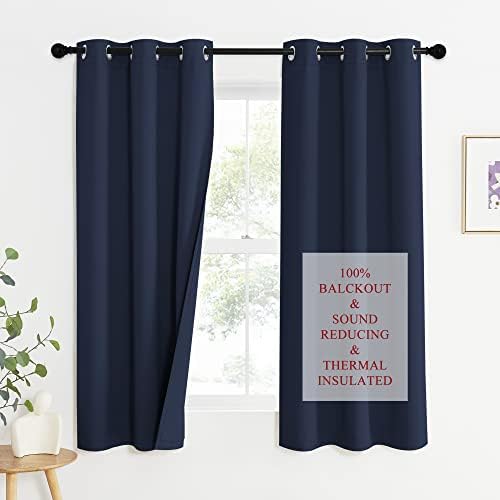 NICETOWN Bedroom Sound Reducing Curtains 2 Panel Set, Cold, Heat, and Nearby Highway Noise Blocking Drapes, Inside Detachable Felt Liner 100% Blackout Curtains for Daytime Sleep (Navy, 63" Long)