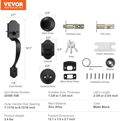 VEVOR Front Door Handle and Deadbolt Set, Matte Black Front Door Lock Set with Interior Knob, Adjustable Hole Spacing Single Cylinder Handleset, for Right and Left Handed Entrance and Front Door