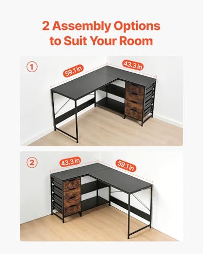 VEVOR L-Shaped Computer Desk, 59-inch Reversible Corner Gaming Desk with Drawers & Storage Shelves, Modern Stylish PC Table Sturdy Work Workstation for Home Office - Easy to Assembly