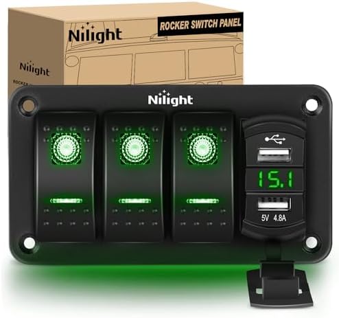 Nilight 3 Gang Rocker Switch Panel with 4.8 Amp Dual USB Charger Voltmeter Waterproof 12V 24V DC Night Glow Stickers for Cars Trucks Boats RVs