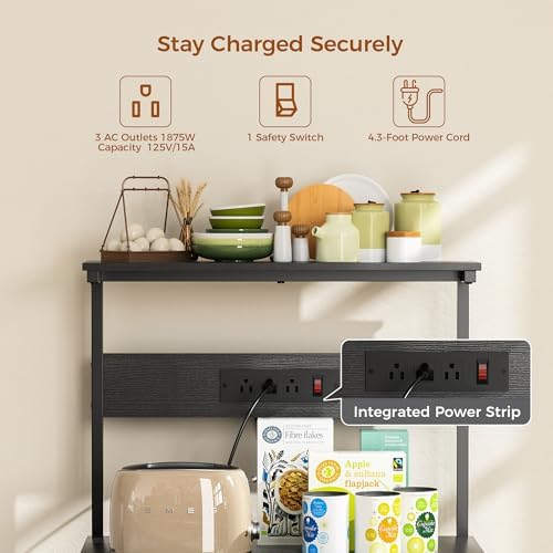 VUSIGN Kitchen Bakers Rack with Power Outlet, 4 Tiers Microwave Stand with Storage, 23.6 Inch Coffee Bar Station with 6 S Hooks, Adjustable Shelf Rack for Pots/Pans/Spices, Black