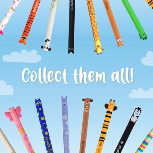 LEGAMI - Set of 11 Gel Erasable Pens With 0.7 mm Tip, Assorted Ink Colours and Animal Designs - Farm Yard, Tiger, Butterfly, Shark etc