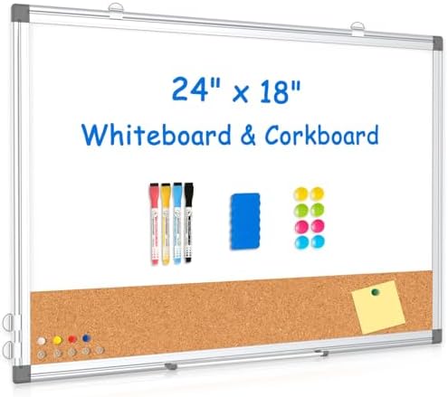 Whiteboard Cork Board Combo for Wall, 24" x 18" Dry Erase Whiteboard