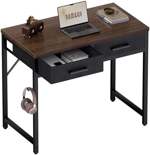 Pamray 32 Inch Small Computer Desk with 2 Drawers for Bedroom Study Writing Home Office Table for Small Spaces Brown