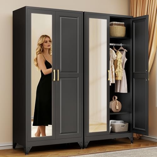 71" Black Metal Wardrobe Closet with Full-Length Mirror, 18" Deep Steel Armoire Clothes Storage Cabinet with Sturdy Hanging Rod & Adjustable Shelves for Bedroom Home Office