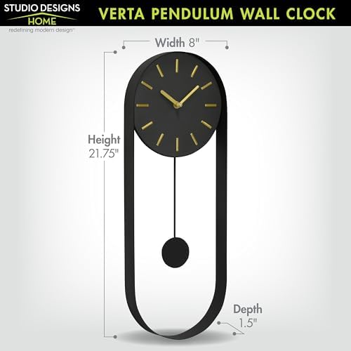 VERTA Modern Pendulum Wall Clock, Minimalist Black Iron Wall Clock with Gold Accents, Quartz Movement, Swinging Pendulum, 21.75″ Tall