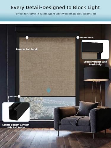 SmartWings Motorized Smart Roller Shades, 100% Blackout Linen Caramel