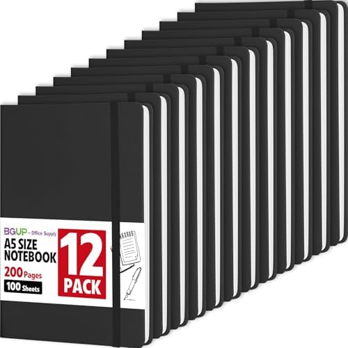12 Pack Lined Journal Notebook for Work, 200 Pages, Medium 5.5 in x 8.3 in, A5 College Ruled, Hardcover Journaling Notebooks for Writing, Note Taking, Fit for Business Work School Home (Black)