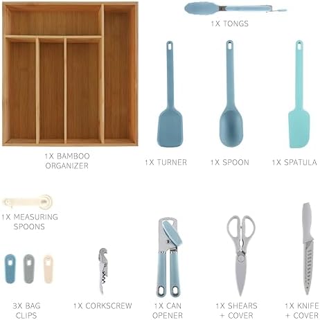COOK WITH COLOR Bamboo Kitchen Utensil Set with Drawer Organizer | Cooking Tools and Storage Caddy, Blue, 18 Piece Gadget Set