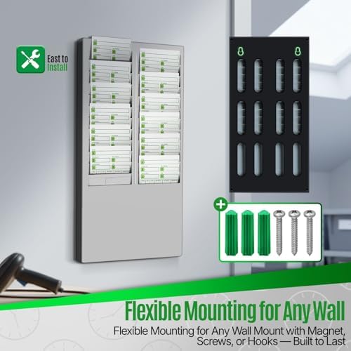 Flexzion Time Card Holder Wall Mount Rack 24 Pocket Slots Compatible with 7" inch Cards Pyramid Series 2000 6000 Attendance Time Payroll Recorder for Office Punch in Clock Out (Gray)