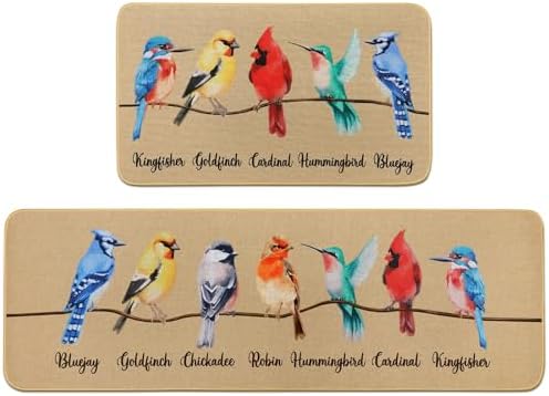 Percozzi Bird Kitchen mats Set of 2, Robin Cadinal Door mat Indoor Outdoor Rug, Hummingbirds Cardinal Kitchen Floor Mat Decor 17x29 and 17x47 Inch