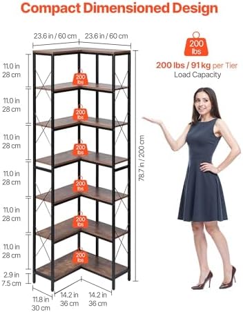 VEVOR 7 Tier Corner Bookshelf, 79" Tall Corner Bookcase with Heavy Duty Metal Frame & Wooden Shelves, Industrial Reversible L Shaped Corner Display Shelf for Bedroom, Living Room, Office