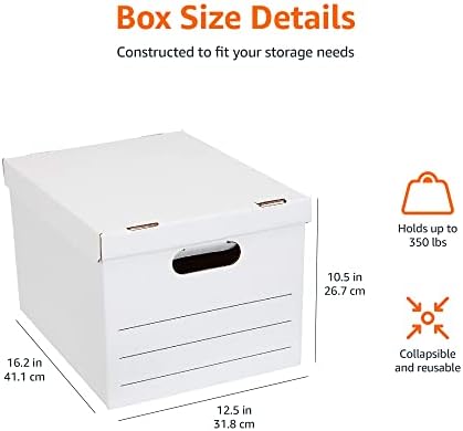 Amazon Basics Storage/Filing Boxes with Lift-Off Lid, Letter/Legal Size, Collapsible, Tape-Free Assembly, White, 16.2" L x 12.5" W x 10.5" H, 20-Pack