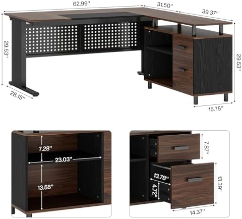 Tribesigns 63 Inch Executive Desk with File Cabinet, L Shaped Office Desk