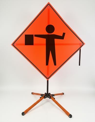 Traffic Roll-Up Sign Kit with Stand – Collapsible Safety Sign & Heavy-Duty Portable Stand, High Visibility, Easy Setup (Flagger Symbol, Mesh)