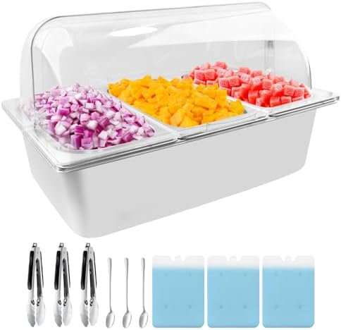 Countertop Food Serving Display Container with Clear Roll Top Cover, Catering Supplies Buffet Display, Perfect Salad Bar Buffet Station for Home and Catering Supplies, Cold Food Buffet Server(3 Pan)