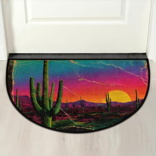 Sunset Cactus Mountain Half Round Door Mat Non Slip Washable Semi Circle Area Rug Absorbent Soft Half Moon Rug Floor Mat for Indoor Outdoor Kitchen Bathroom Patio Front Door Mat Decor,E632