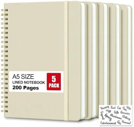 5 Pack Hardcover Spiral Notebooks, 8.3" x 6.3" Lined Journal Set, 100 GSM Bleed-Resistant Paper, 200 Pages Twin-Wire Bound Notebook with Elastic Band & Category Stickers for Office, School