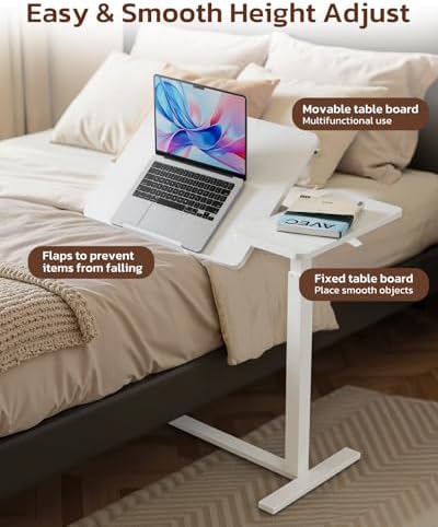 Simple Deluxe Overbed Bedside Table with Hidden Casters, Height Adjustable Desk with Tilting Top, Mobile Rolling Laptop Desk, Standing Rolling Desk Hospital Home Use, White