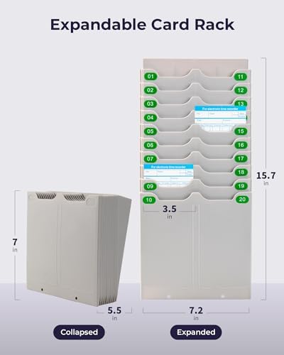 Volcora Expandable Time Card Rack 20 Pockets, Time Card Holder Wall Mount with 20 Number Stickers and 2 Screws, for Attendance Recorder