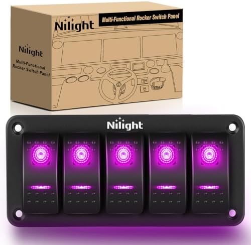 Nilight 5 Gang Rocker Switch Panel w/Purple LED Light 5Pin On Off Pre-Wired