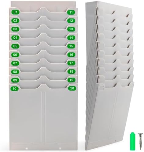 Volcora Expandable Time Card Rack 20 Pockets, Time Card Holder Wall Mount with 20 Number Stickers and 2 Screws, for Attendance Recorder