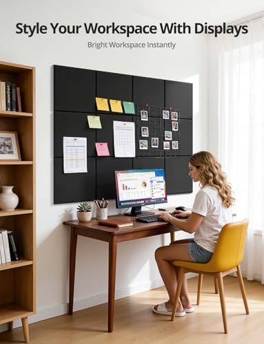 Kuchoow Large Felt Bulletin Cork Board Self-Adhesive Black Squares Pin Wall Tiles, 48'' x 36'' Vision Tack Panels for Classroom Office Display 12 Pack Corkboard for Kitchen Bedroom Home Decor