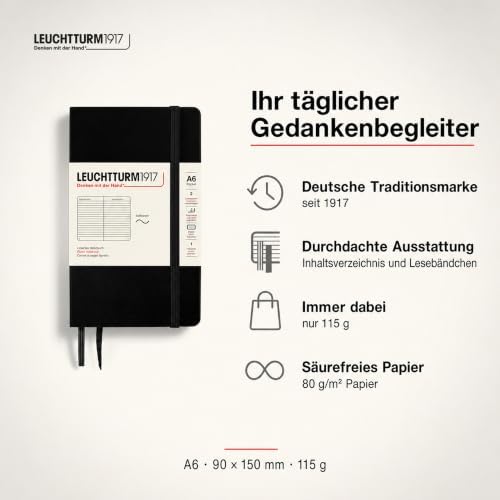 LEUCHTTURM1917 - Notebook Softcover Pocket A6-123 Numbered Pages for Writing and Journaling (Ruled, Black)