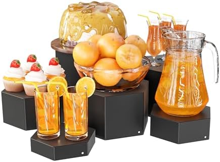Metal Buffet Risers,6PCS Hexagonal Jewelry Display Risers 2.76 in to 4.02 in Market Display Stands Metal Showcase for Catering Dessert Figures Decoration (Matte Black, 2.76IN to 4.02IN)