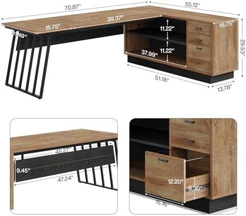 Tribesigns 71-Inch Executive Desk, L-Shaped Desk with Cabinet, Large Office Desk with Drawers and Storage Shelves, Writing Table Computer Desk for Home Office, Oak and Black