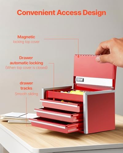 VEVOR Metal Tool Box, 8.6-inch, Portable Metal Tool Box with 3 Drawers, Small Tool Chest with EVA Liners and PP Feet Pads, Heavy-Duty Steel With Ball Bearing Opening and Powder Coated Finish, Red