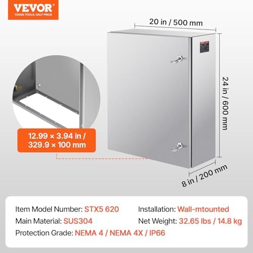 Steel Electrical Box, 24"x 20"x 8", 304 Stainless Steel Electrical Enclosure Box, Wall-Mounted Outdoor Electrical Electronic Equipment Enclosure with Mounting Plate Hinges Lock, IP66 Waterproof