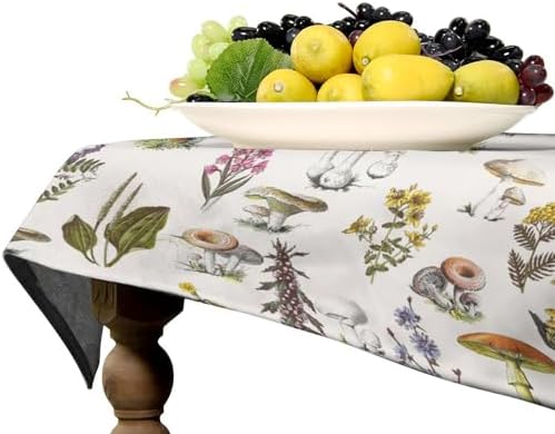 Vintage Botanical Tablecloth, Rustic Plants Herbs Mushroom Nature Wildflower Table Cloth for Outdoor Patio Party Picnic Wedding Indoor Kitchen Dinner Table Decor 55x75in