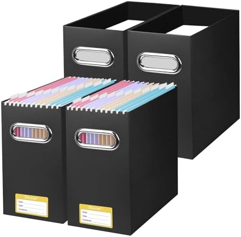 BALEINE 4PK File Organizer Box, Cardboard File Folder Organizer with Handle | Strong Corrugated Paper Core, Label Stickers for Identification, Hanging File Folder Organizer, Home Office Document Storage