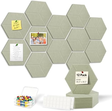 12-Pack Hexagon Cork Board Alternative for Walls Decor, 38.2" x 38.2" Large Felt Bulletin Board, with Pushpins, Damage-Free Adhesives, Thick Pin Board for Office, Home (Sage Green)