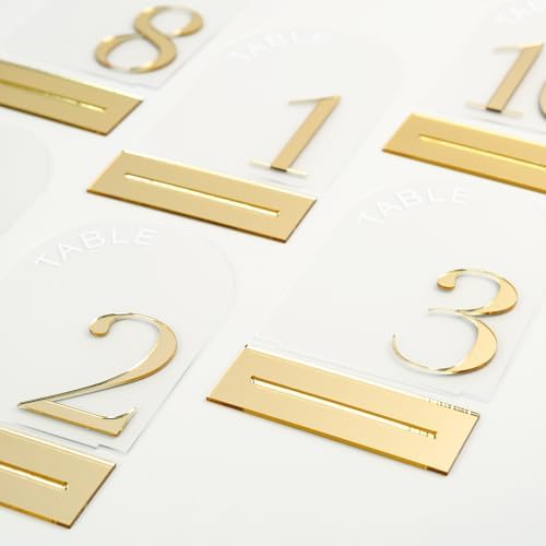 Frosted Arch Wedding Table Numbers 1-10, Gold Numbers and Stands