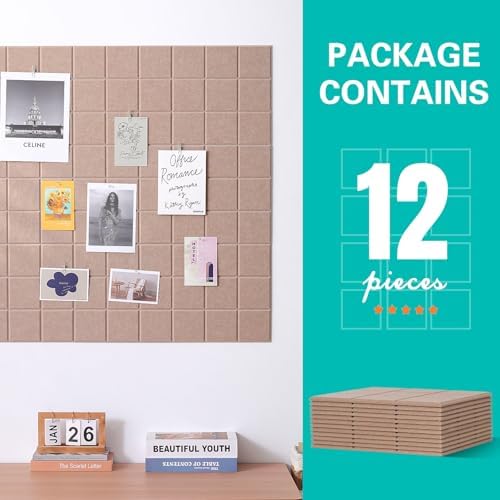 Cork Board for Walls 48" x 36", Bulletin Board for Office Decor, 12 Pack Felt Wall Tiles with Safe Removable Adhesive, Pin Tack Corkboard for Quilting Design & Dart Wall Protector - Camel